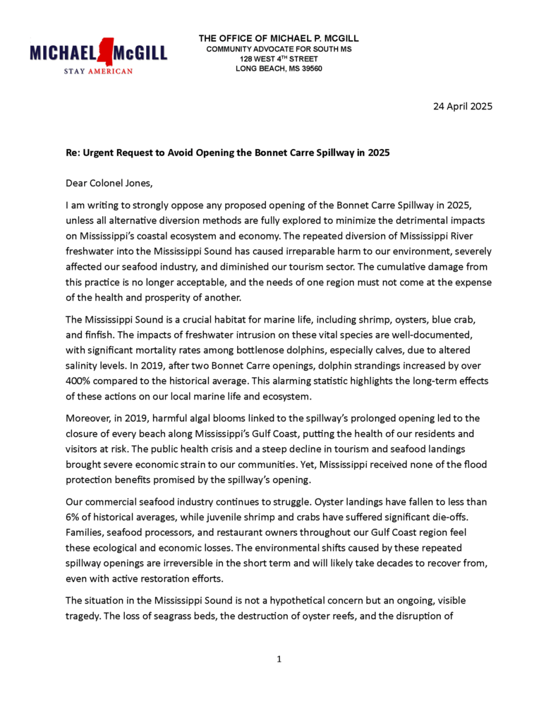 Letter from Michael McGill to the U.S. Army Corps of Engineers opposing the 2025 Bonnet Carre Spillway Opening.