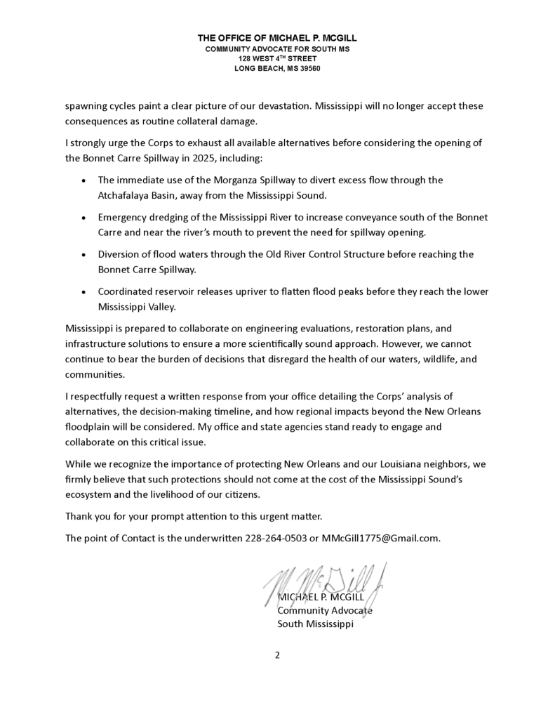 Letter from Michael McGill to the U.S. Army Corps of Engineers opposing the 2025 Bonnet Carre Spillway Opening.