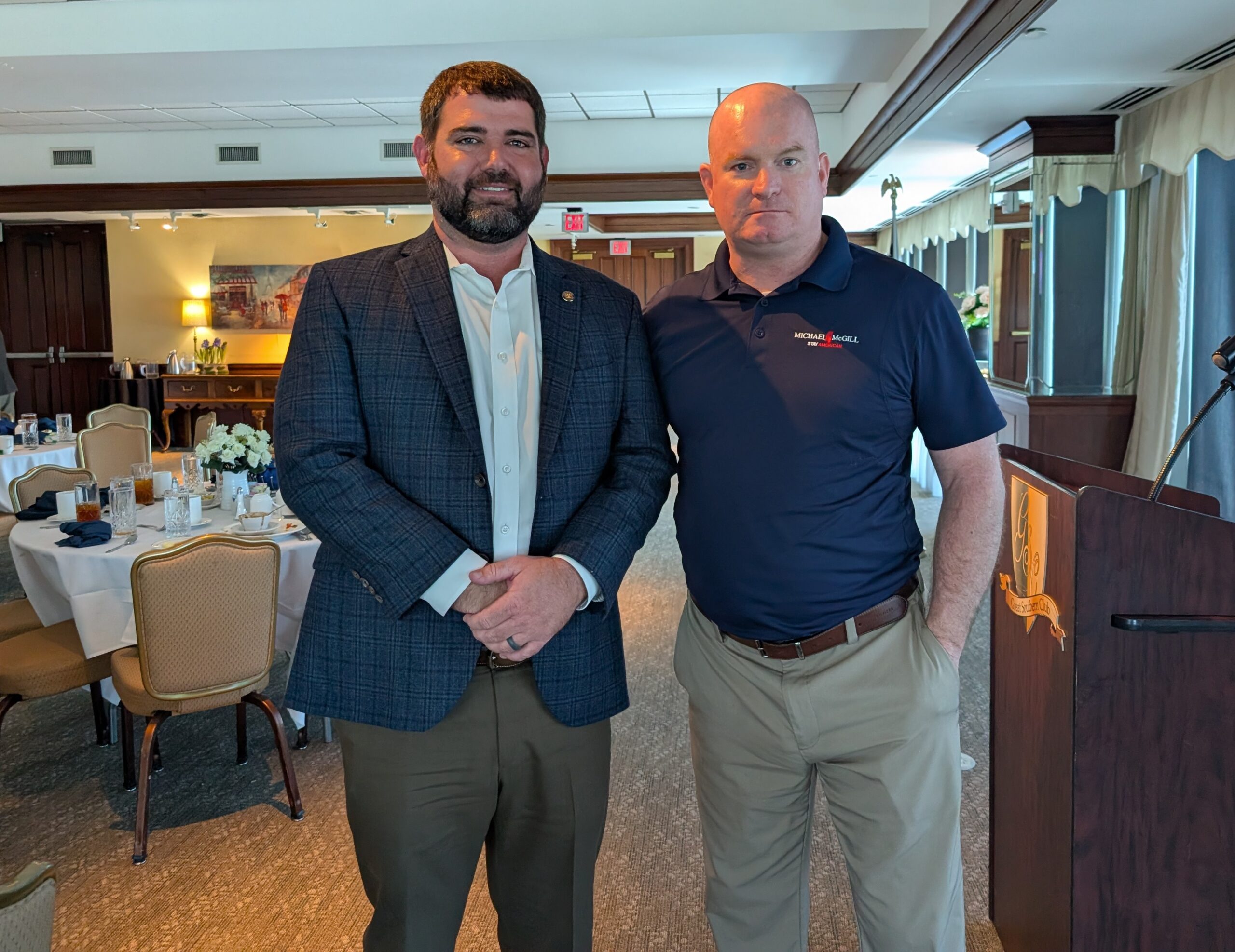 Michael McGill with Mississippi Senator Jeff Tate at the Harrison County Republican Club luncheon, August 2025.