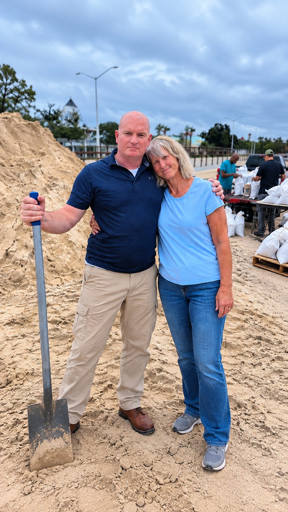 Michael McGill and a woman standing arm in arm in front of a pile of sand at a sandbag relief site