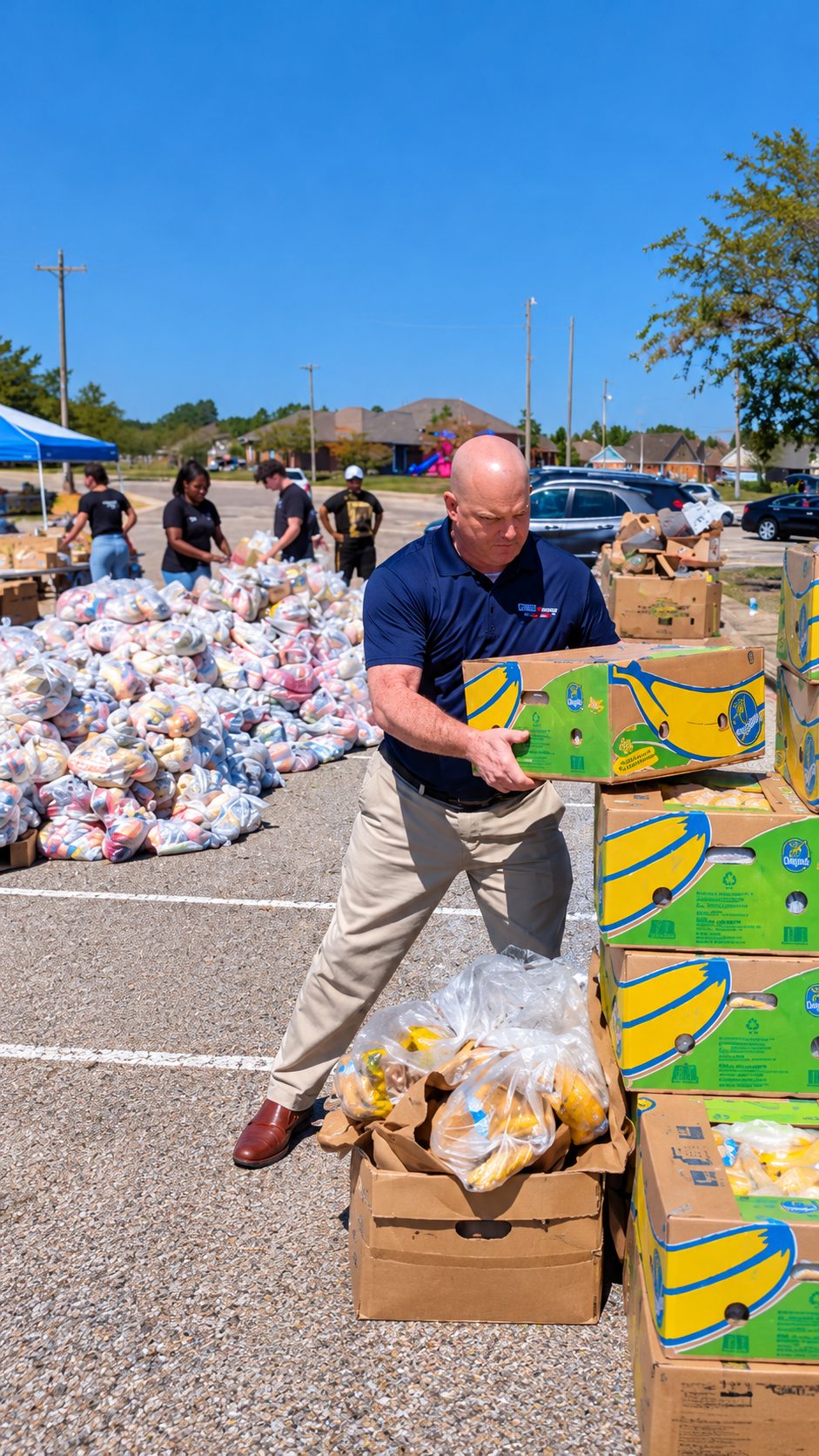 Michael McGill carrying a box of bananas at a community food distribution in a parking lot